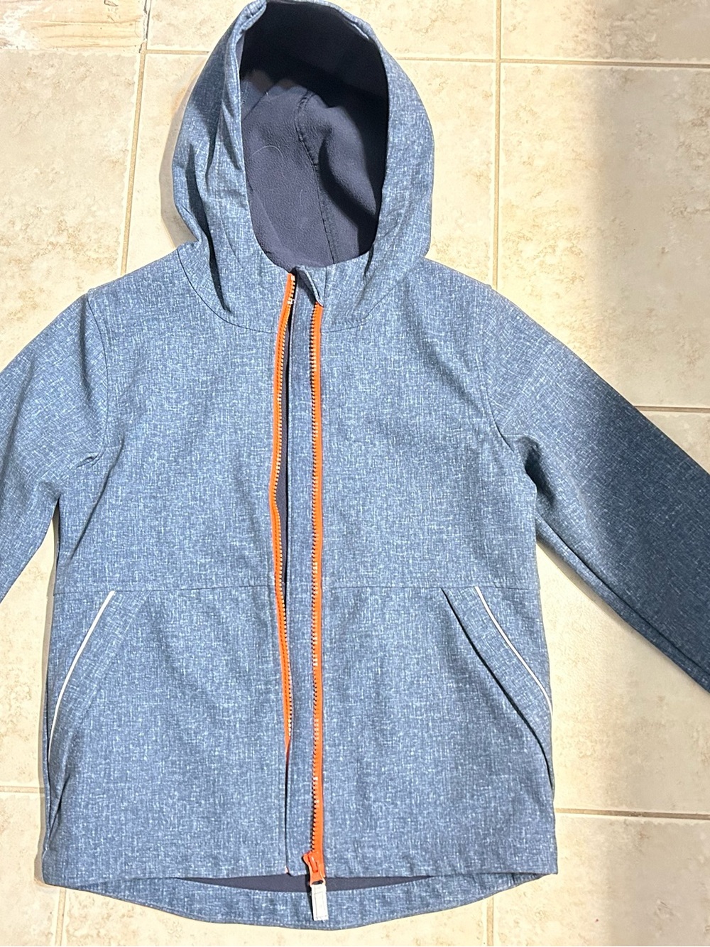Kids' Hooded George Softshell Jacket in Denim Blue with Orange Zip